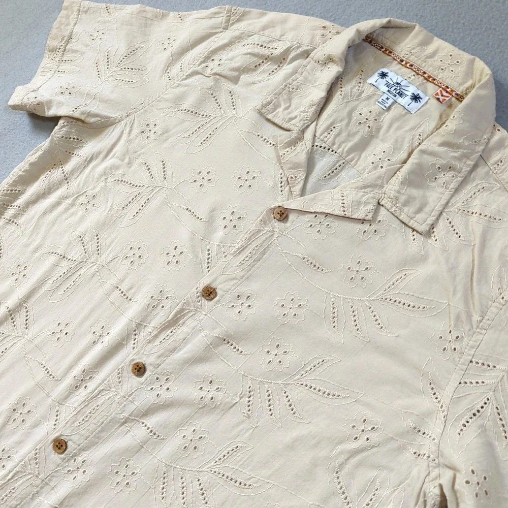 Free Planet Mens Cream Eyelet Embroidered Cotton Short Sleeve Shirt Medium - Picture 1 of 8